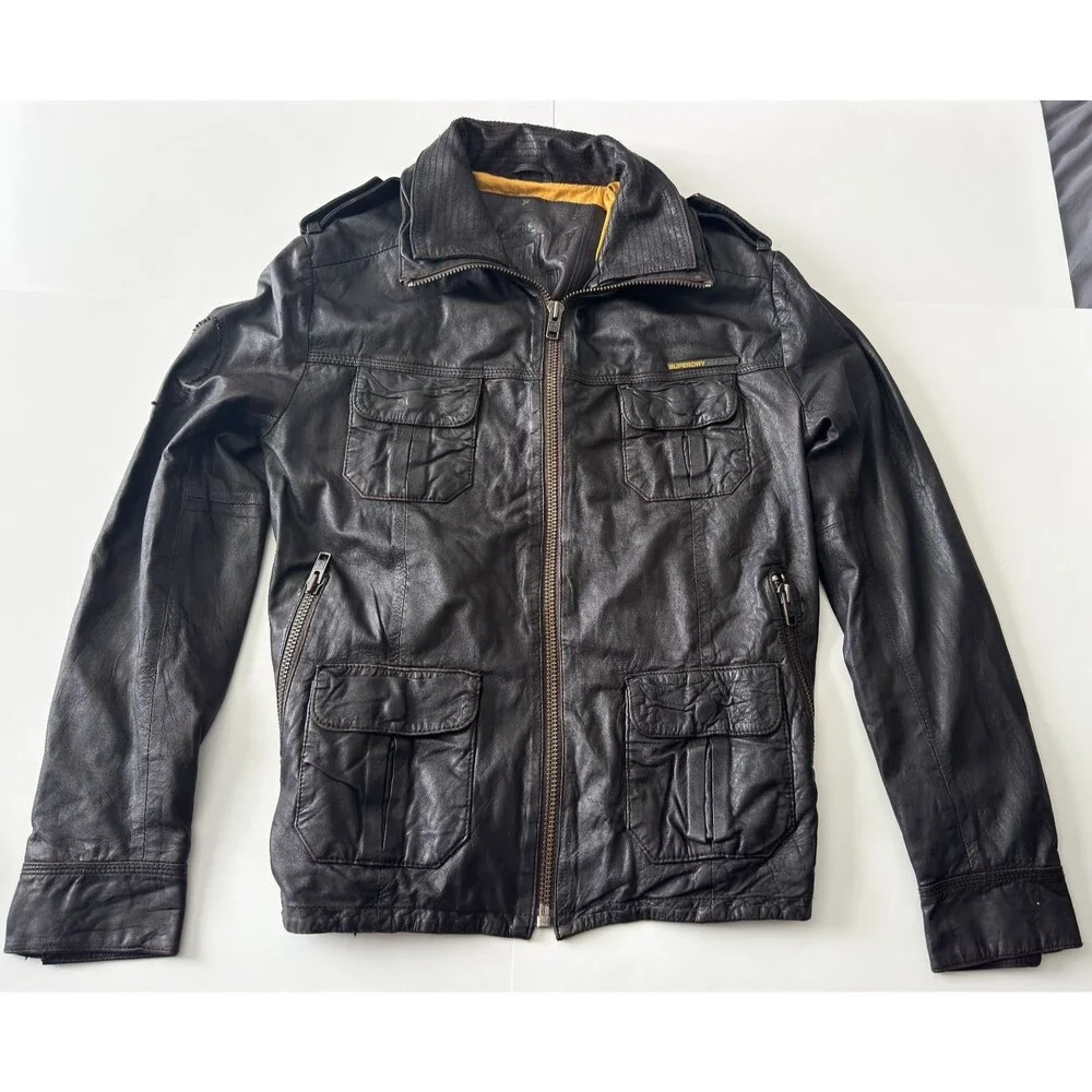 Superdry Men's Black Leather Brad Moto Logo Bomber Jacket Size Large